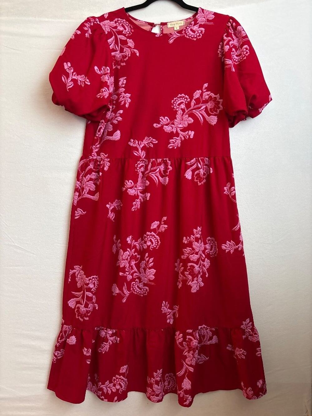 Shop Stevie Floral Tiered Puff Sleeve Maxi Dress Red Pink Cottagecore M